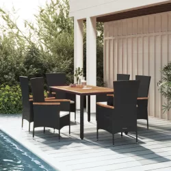   7 részes fekete polyrattan kerti étkezőgarnitúra párnával