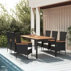   7 részes fekete polyrattan kerti étkezőgarnitúra párnával