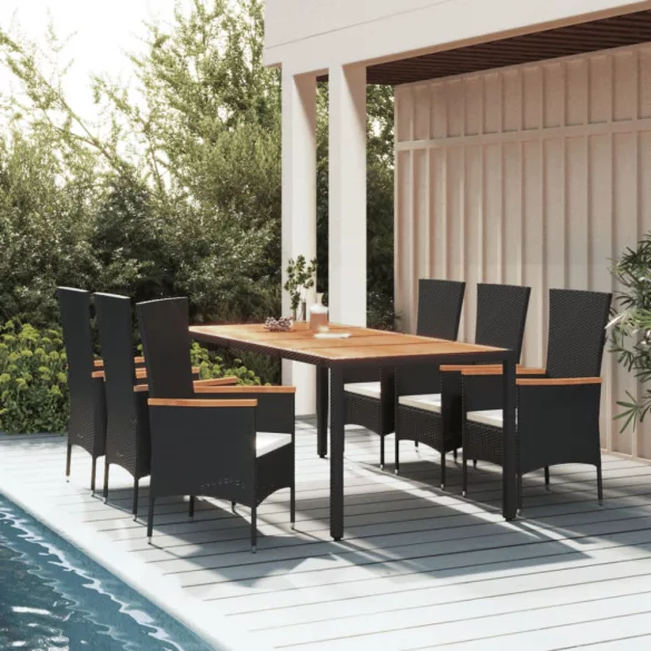 7 részes fekete polyrattan kerti étkezőgarnitúra párnával