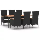 7 részes fekete polyrattan kerti étkezőgarnitúra párnával