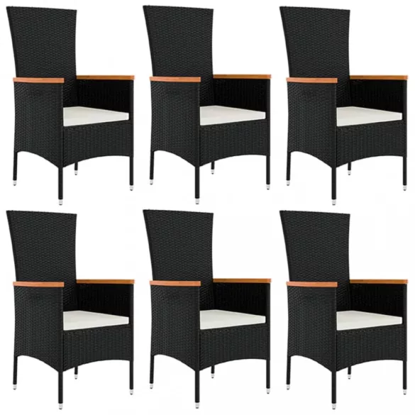 7 részes fekete polyrattan kerti étkezőgarnitúra párnával