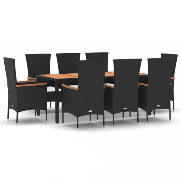 9 részes fekete polyrattan kerti étkezőgarnitúra párnákkal