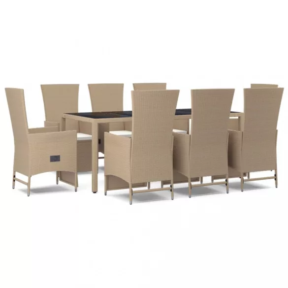 9 részes bézs polyrattan kerti étkezőgarnitúra párnákkal