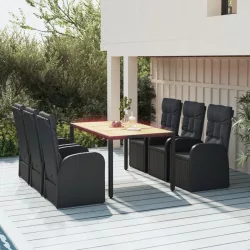   7 részes fekete polyrattan kerti étkezőgarnitúra párnával