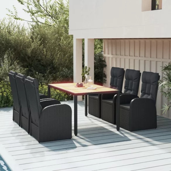 7 részes fekete polyrattan kerti étkezőgarnitúra párnával