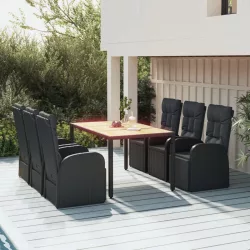   7 részes fekete polyrattan kerti étkezőgarnitúra párnával