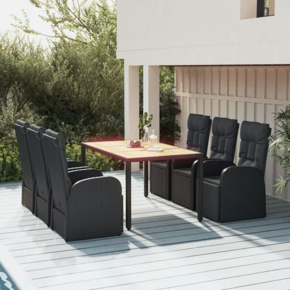 7 részes fekete polyrattan kerti étkezőgarnitúra párnával