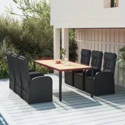   7 részes fekete polyrattan kerti étkezőgarnitúra párnával