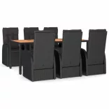 7 részes fekete polyrattan kerti étkezőgarnitúra párnával