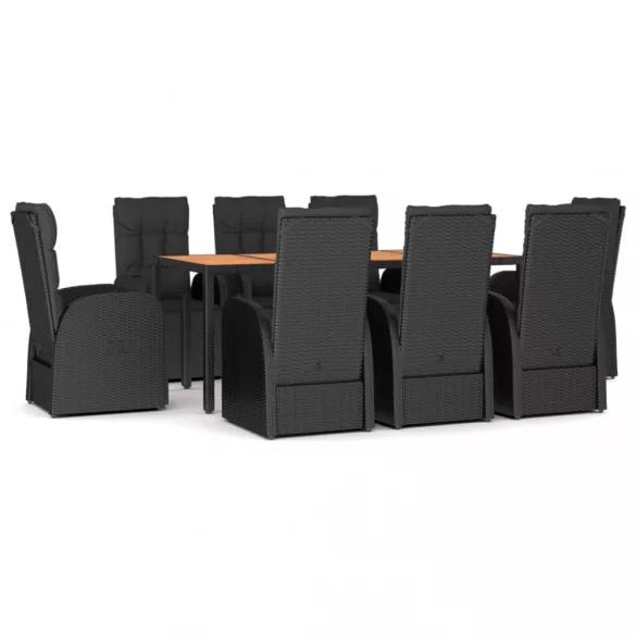 9 részes fekete polirattan és tömör akác kerti étkezőgarnitúra