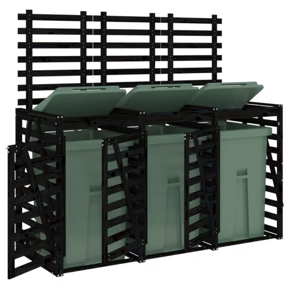 tripla fekete tömör fenyőfa görgős szemeteskuka-tároló