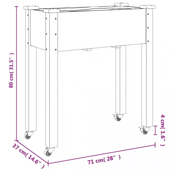 tömör fenyőfa kerekes ültetőláda béléssel 71 x 37 x 80 cm
