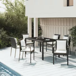   7 részes fekete polyrattan kerti étkezőgarnitúra párnával