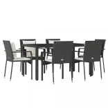 7 részes fekete polyrattan kerti étkezőgarnitúra párnával