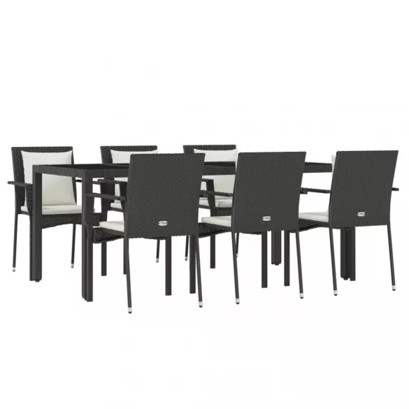 7 részes fekete polyrattan kerti étkezőgarnitúra párnával
