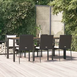   7 részes fekete polyrattan kerti étkezőgarnitúra párnával