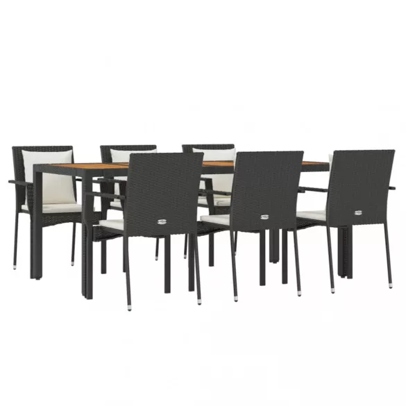 7 részes fekete polyrattan kerti étkezőgarnitúra párnával