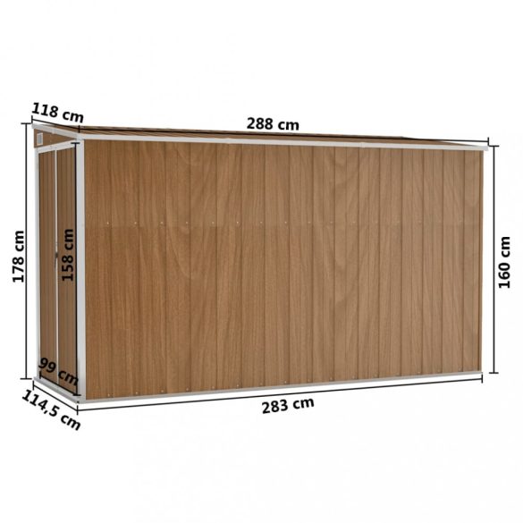 barna színű, falra szerelhető kerti fészer 118 x 288 x 178 cm horganyzott acélból