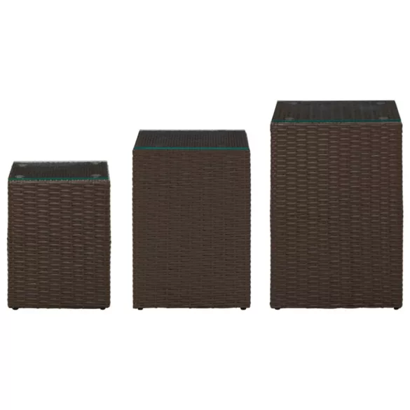 3 db barna polyrattan kisasztal üveg asztallappal