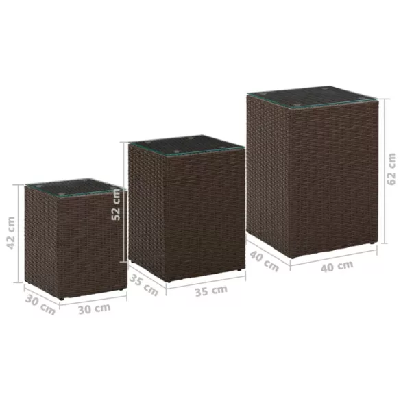 3 db barna polyrattan kisasztal üveg asztallappal