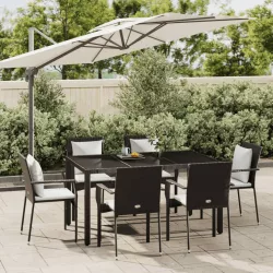   7 részes fekete polyrattan kerti étkezőgarnitúra párnával