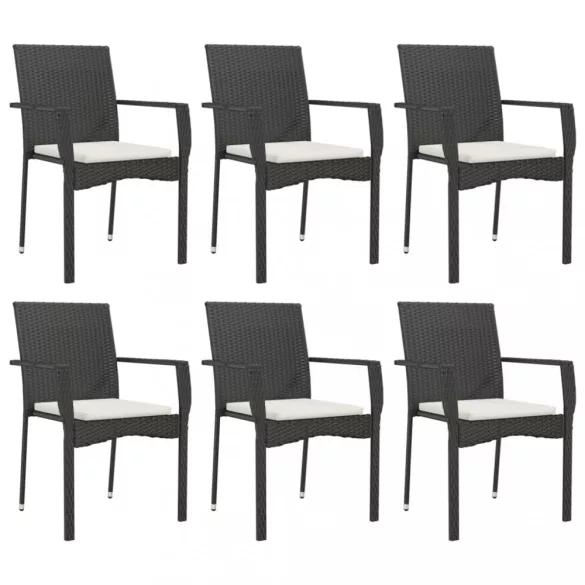 7 részes fekete polyrattan kerti étkezőgarnitúra párnával