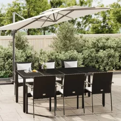   7 részes fekete polyrattan kerti étkezőgarnitúra párnával