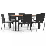 7 részes fekete polyrattan kerti étkezőgarnitúra párnával