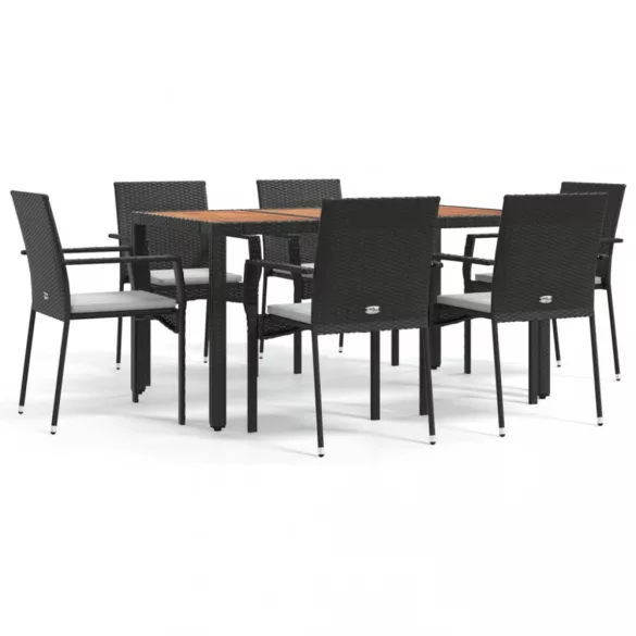 7 részes fekete polyrattan kerti étkezőgarnitúra párnával