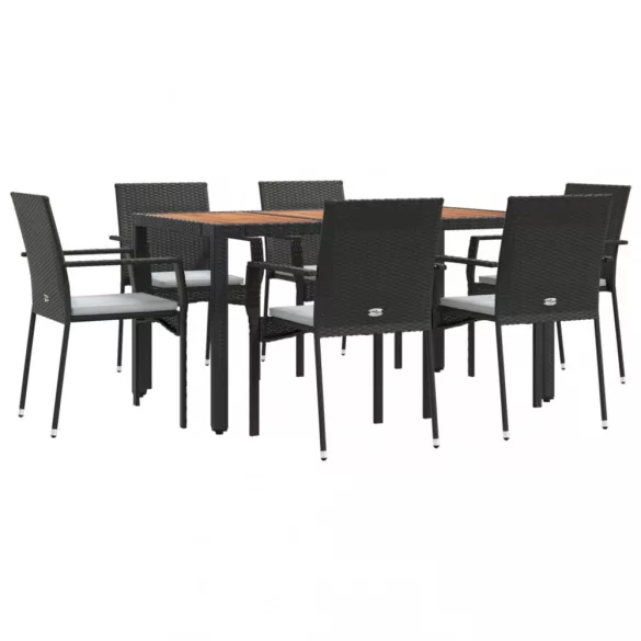 7 részes fekete polyrattan kerti étkezőgarnitúra párnával