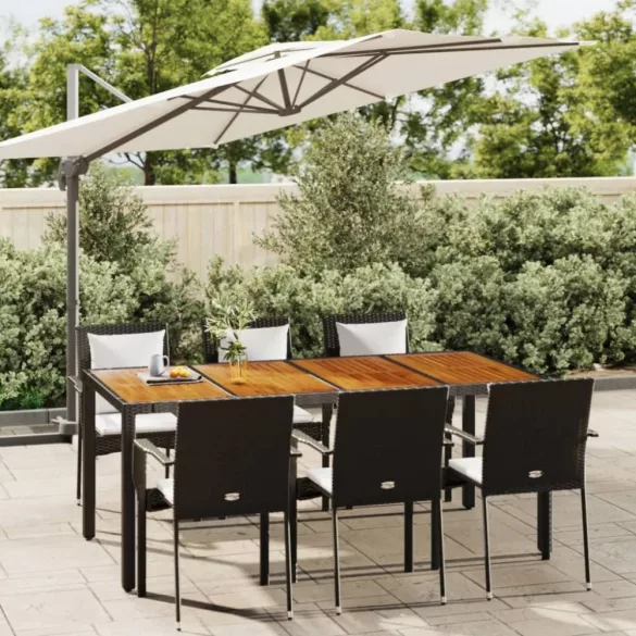 7 részes fekete polyrattan kerti étkezőgarnitúra párnával