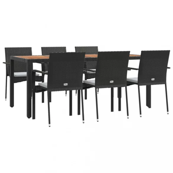 7 részes fekete polyrattan kerti étkezőgarnitúra párnával