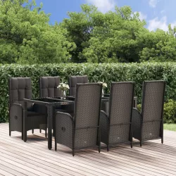   7 részes fekete és szürke polyrattan kerti étkezőszett párnával