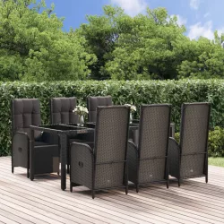   7 részes fekete polyrattan kerti étkezőgarnitúra párnával
