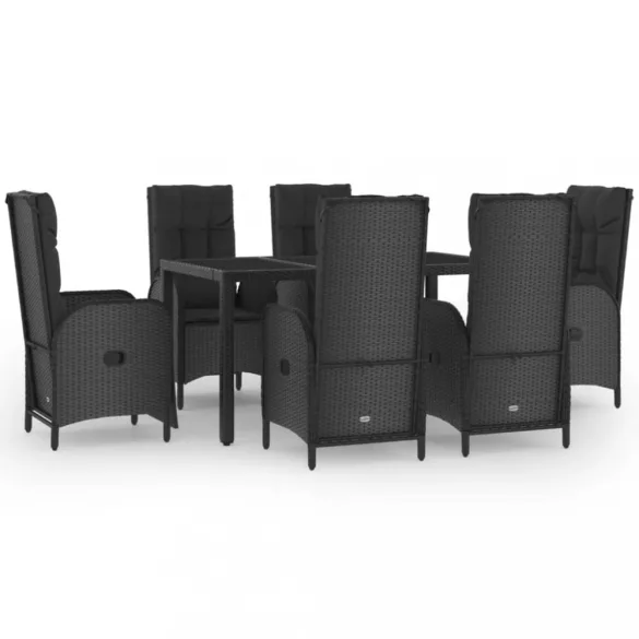 7 részes fekete polyrattan kerti étkezőgarnitúra párnával
