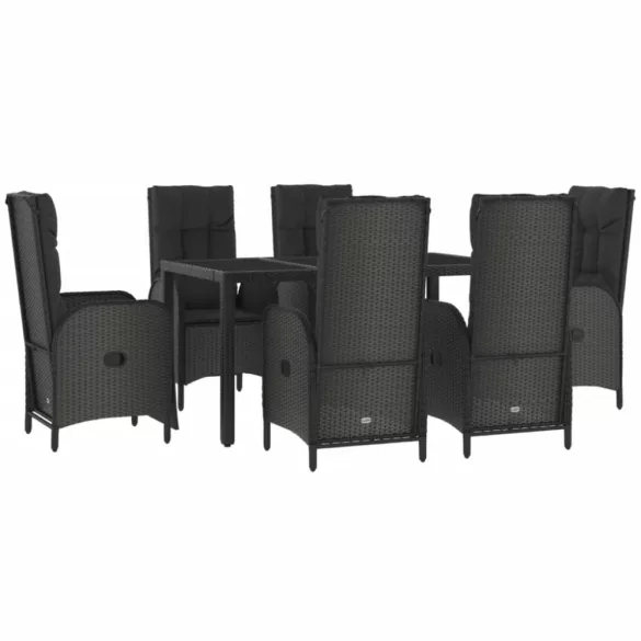 7 részes fekete polyrattan kerti étkezőgarnitúra párnával