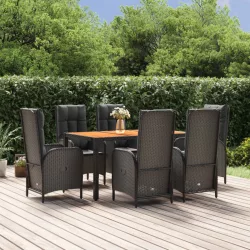   7 részes fekete polyrattan kerti étkezőgarnitúra párnával