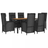 7 részes fekete polyrattan kerti étkezőgarnitúra párnával