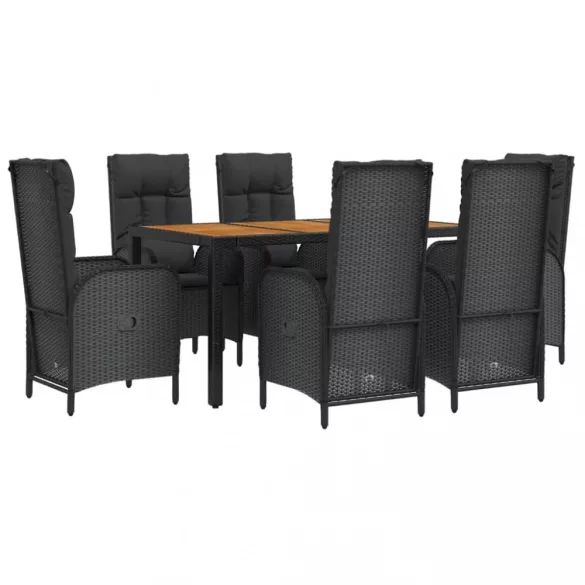 7 részes fekete polyrattan kerti étkezőgarnitúra párnával