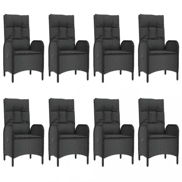 9 részes fekete polyrattan kerti étkezőgarnitúra párnákkal