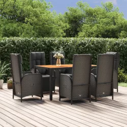   7 részes fekete polyrattan kerti étkezőgarnitúra párnával