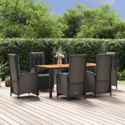   7 részes fekete polyrattan kerti étkezőgarnitúra párnával