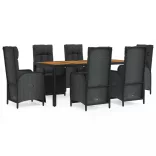 7 részes fekete polyrattan kerti étkezőgarnitúra párnával