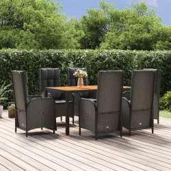   7 részes fekete polyrattan kerti étkezőgarnitúra párnával