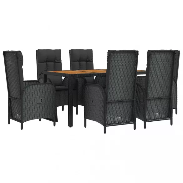 7 részes fekete polyrattan kerti étkezőgarnitúra párnával