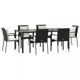 7 részes fekete polyrattan kerti étkezőgarnitúra párnával