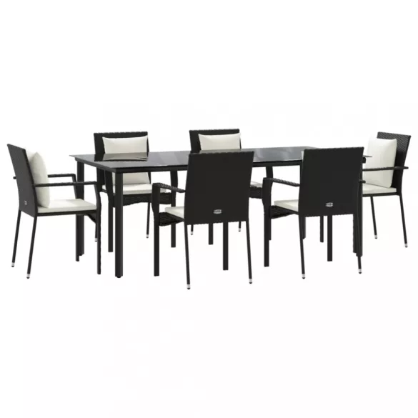 7 részes fekete polyrattan kerti étkezőgarnitúra párnával