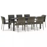 9 részes fekete és szürke polyrattan kerti étkezőszett párnával