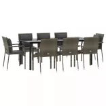 9 részes fekete és szürke polyrattan kerti étkezőszett párnával