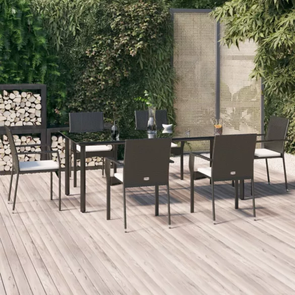 7 részes fekete polyrattan kerti étkezőgarnitúra párnával